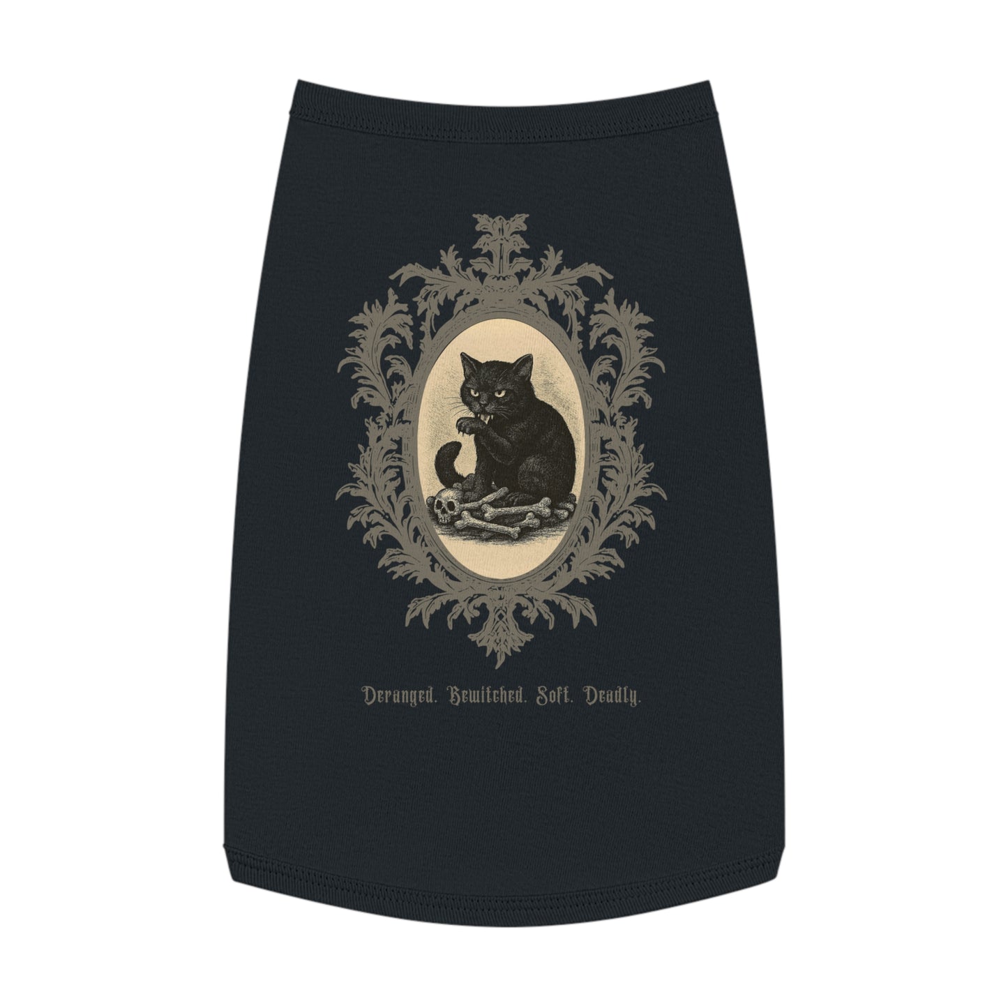 Deranged. Bewitched. Soft. Deadly. – Tee for the Feline Menace (Black Cat) (in Black)