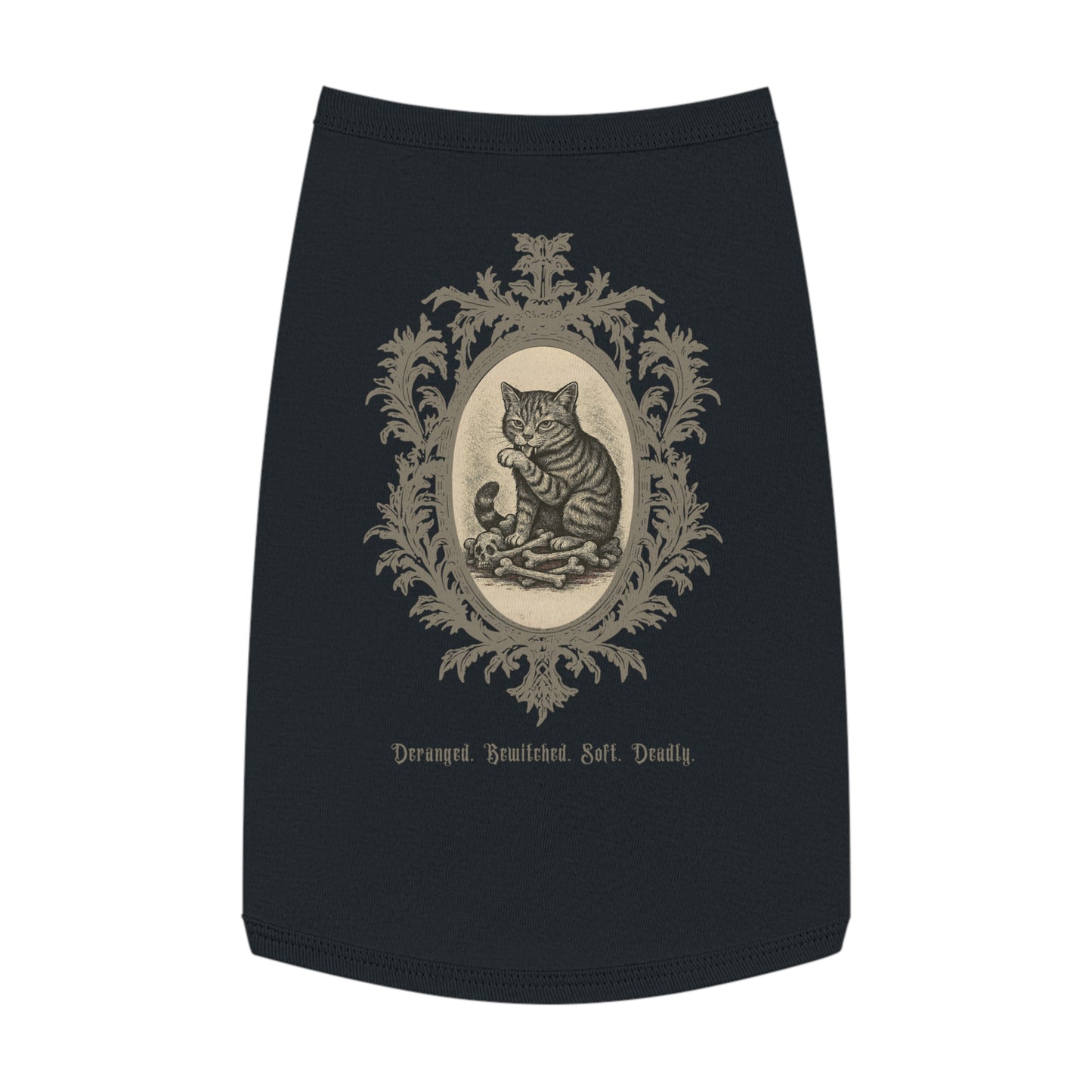 Deranged. Bewitched. Soft. Deadly. – Tee for the Feline Menace (Tabby Cat)(in Black)