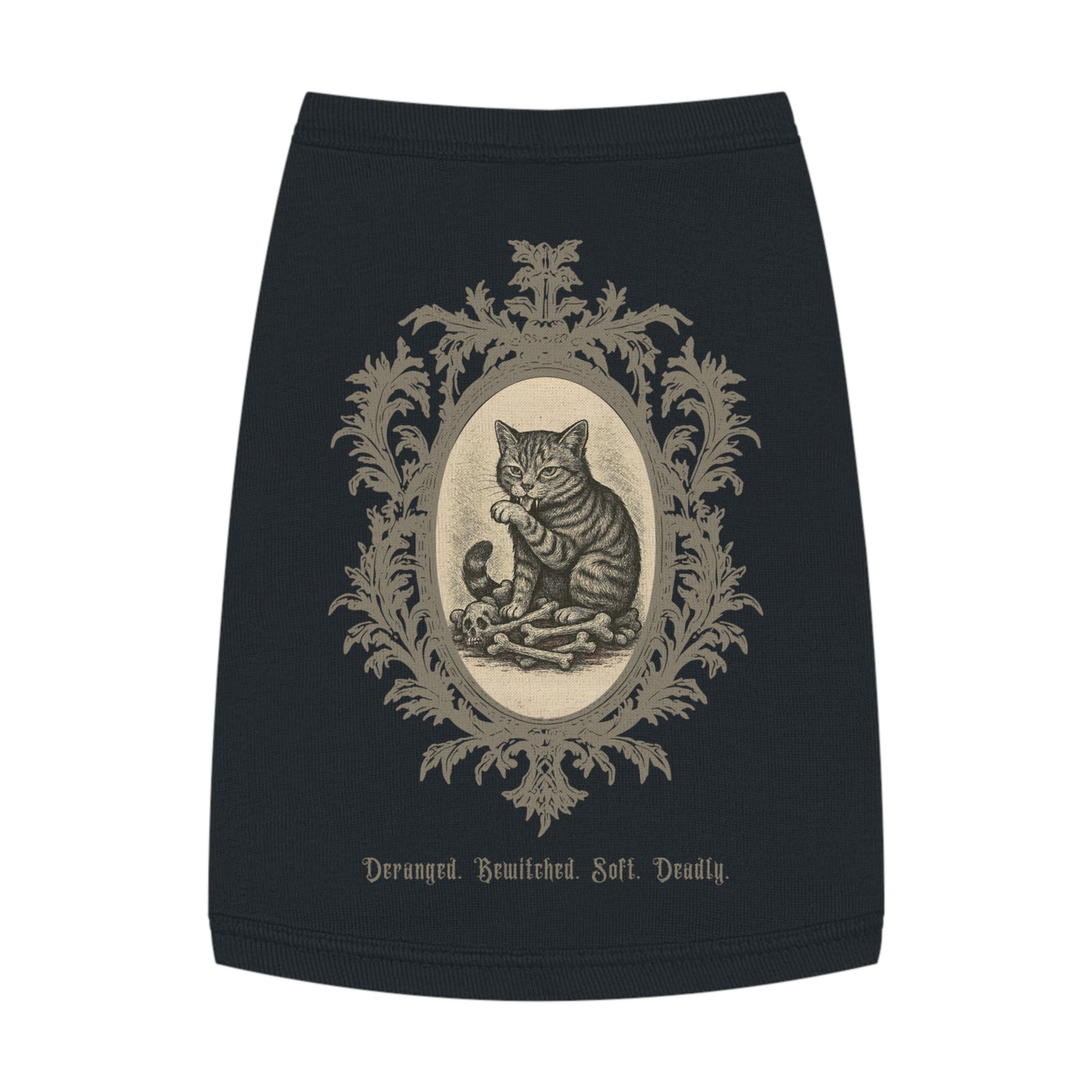 Deranged. Bewitched. Soft. Deadly. – Tee for the Feline Menace (Tabby Cat)(in Black)